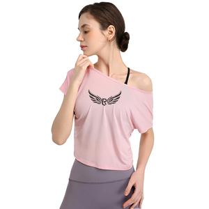 Women Plus Size Adults <b>Off</b>-<b>The</b>-<b>Shoulder</b> Yoga <b>Top</b> <b>Pink</b> Short Sleeve Loose Fit Breathable Solid with Wing Logo Front Print - Product Image 1