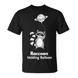 Camiseta con diseño de mapache sosteniendo un globo, negra, unisex, para adultos, manga corta, cuello redondo, impresión digital, promocional - Product Image 2