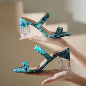 Sandalias de Tacón Alto para Mujer, Punta Cuadrada, Cristal Transparente, Tacón Grueso, Zapatos Deslizantes Coloridos, Sandalias de Tacón - Product Image 4