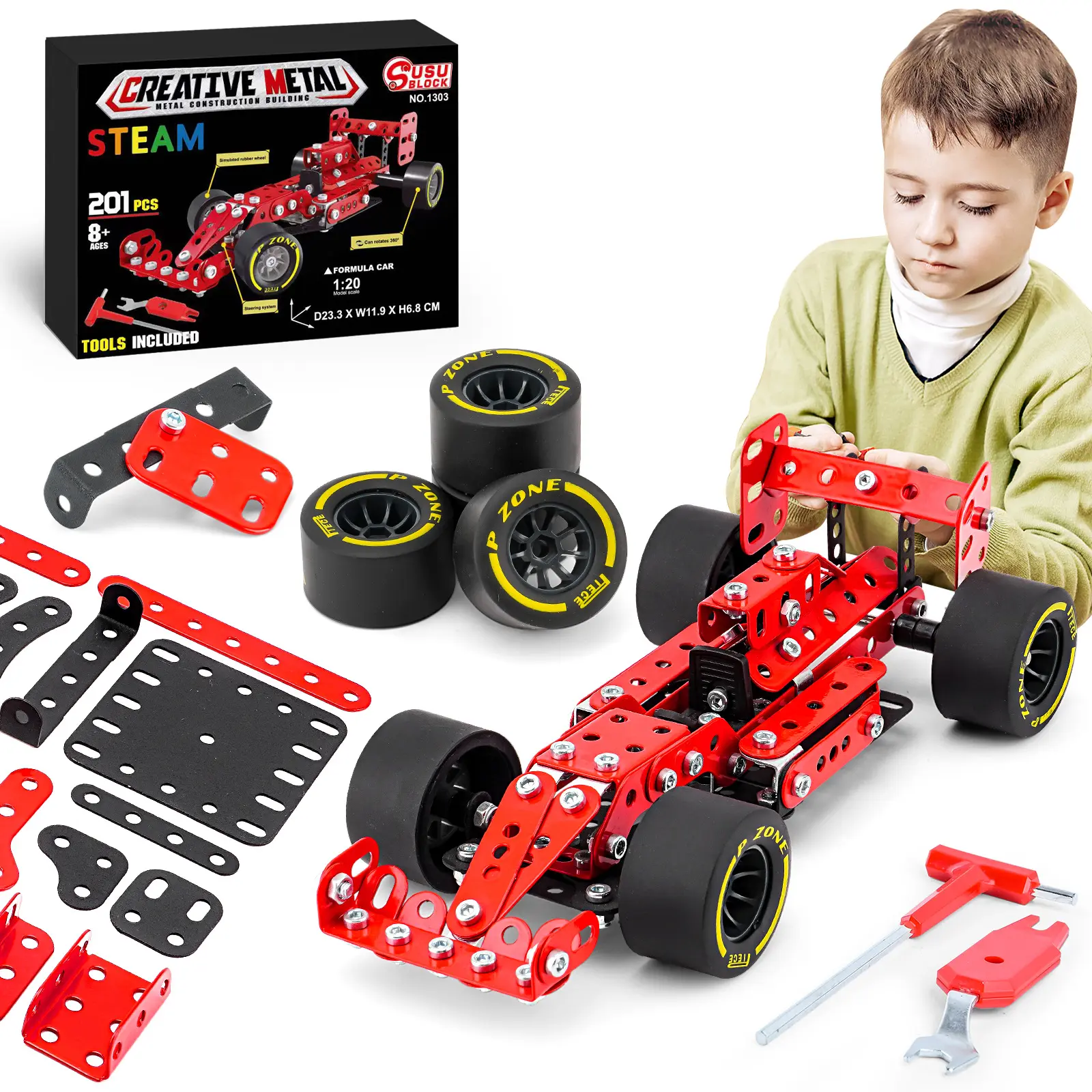 kykToys Super DIY Bricks F1 Racing Car 1:20Scale 201pcs DIY Assembly Metal Building Blocks Car Toys
