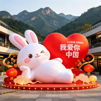 Grand Lapin Gonflable Personnalisé Blanc avec Cœur Rouge, Accessoire de Dessin Animé, Décoration Extérieure Imperméable et Durable pour le Festival de la Mi-Automne