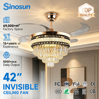 Ventilateur de plafond LED en cristal avec moteur BLDC de 42 pouces, télécommande, fonction de minuterie et variateur d'intensité, design moderne pour salle à manger, OEM/ODM, nouveau modèle