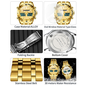 Envío Directo HALEI Reloj de Cuarzo Analógico-Digital Dorado para Hombre, Cristal Mineral, Resistente al Agua 3ATM, Estilo Deportivo, Movimiento Japonés - Product Image 6