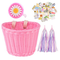 Juego de Cesta de Bicicleta para Niños de Imitación de Ratán Retro con Campana, Pegatinas, Borlas para Manillar, Kit de Accesorios Decorativos para Bicicleta Infantil