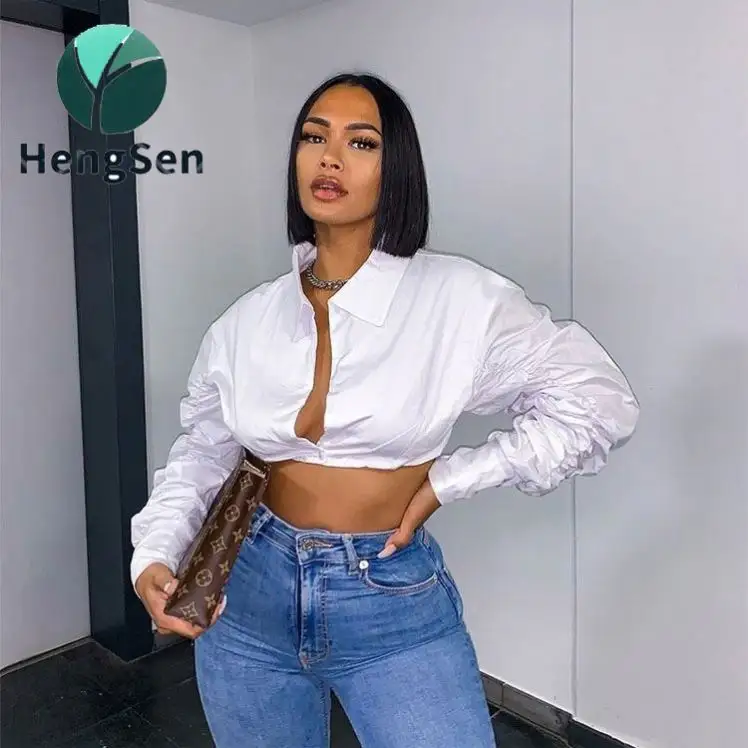 Neck Ruched Puff Sleeve Blouse Shirts Women Long Sleeve Fashion Fall 2021 Clothing Crop Blouses Solid Slim Hot