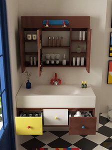Meuble de salle de bain mural avec vasque intégrée en pierre de roche colorée à blocs de couleur, miroir lumineux intelligent et éclairage intégré - Product Image 4