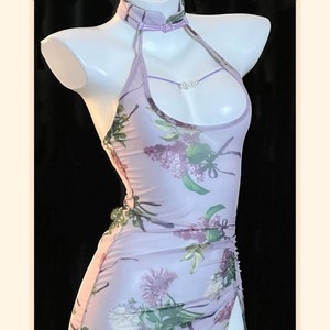 Vestido Cheongsam con Estampado Floral, Estilo Halter, Satinado, Ajustado, Cintura Natural, Transpirable, 8112 - Product Image 1