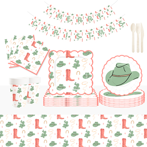 DAMAI - Vajilla de Papel para Fiesta Vaquera, Platos y Servilletas Rosas con Diseño de Vaquera y Cactus, para 8 Personas - Product Image 1