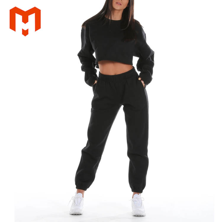 Jogging En Coton Noir Femmes 2 Pièces Ensemble Survêtements Logo Personnalisé Plaine Survêtement Pour Les Femmes