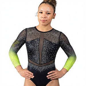 <span class=keywords><strong>Justaucorps</strong></span> de gymnastique pour filles, à manches longues, avec strass scintillants, 100% nylon, noir, <span class=keywords><strong>vert</strong></span> néon, vêtements d'entraînement - Product Image 1