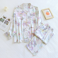 Ensemble de pyjama floral en satin de viscose pour femme, taille élastique, pantalon long, haut de gamme, ample et léger, pour la maison, printemps-automne