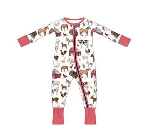 2023 design bebê menino menina Bambu Tecido fazenda porco cavalo padrão Manga Longa Zip Romper tamanho personalizado Unisex Infantil Onesie