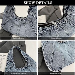 Sac à bandoulière Hobo en jean géométrique tendance avec doublure en polyester, fermeture éclair portable, sacs à main pour femmes, usage quotidien, vente en gros - Product Image 5