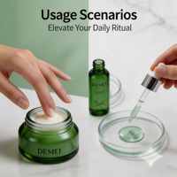 Ensemble d'emballages cosmétiques en verre vert personnalisés OEM avec bouchon en caoutchouc et sérigraphie, capacités 100ml/200ml/50g/100g pour toner, sérum et crème