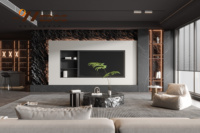 Table basse de salon italienne de luxe moderne à LED Meuble TV à palier gris Plateau en bois long de grande taille avec tiroir