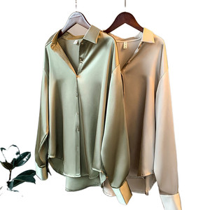 गर्म बिक्री लंबी आस्तीन वाली सैटिन शर्ट महिलाओं की 2024 वसंत और ग्रीष्मकालीन रेट्रो ठोस रंग नरम रेशम ब्लाउज पोलो गर्दन बटन - Product Image 5