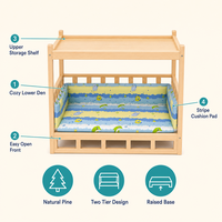 Lit pour animaux à deux niveaux en bois de pin naturel avec coussin rayé, plateau de rangement supérieur et cadre surélevé – Mobilier portable d'été pour animaux