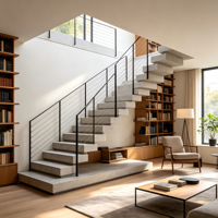 Escalier droit en acier avec rampe et marches en bois, design moderne de qualité supérieure, éclairage LED intégré