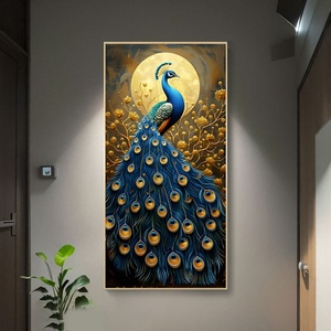 Peinture décorative d'entrée Paon, Art mural de fond de couloir, Paysage animalier avec lampe, Peinture en porcelaine de cristal personnalisée - Product Image 1