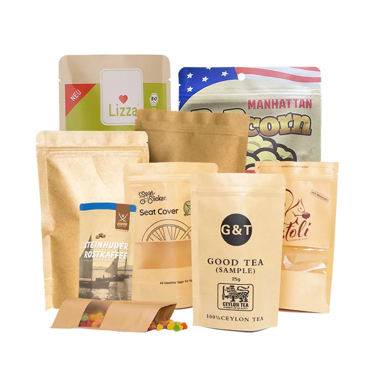 Custom biodegradabile compostabile per uso alimentare spezia per tè e tè Sanck borsa con cerniera a chiusura lampo di carta Kraft Stand Up Pouch