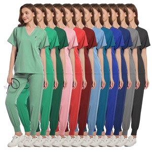 Women's Scrub Set Short Sleeve V-Neck Elastic Bottoms Moisture Wicking Hospital Uniform Green Split Set - Product Image 5