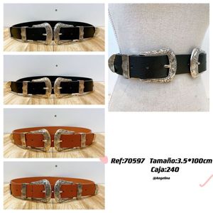 Ceinture en cuir véritable Angelina 3,5 cm x 100 cm à double boucle, style western, accessoire décontracté - Product Image 3