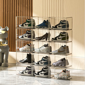 Wholesale Transparent Plastic Sneaker Stackable Shoe Storage Boxes Front Acrylic Drawer Type Magnetic Clear Shoe Box