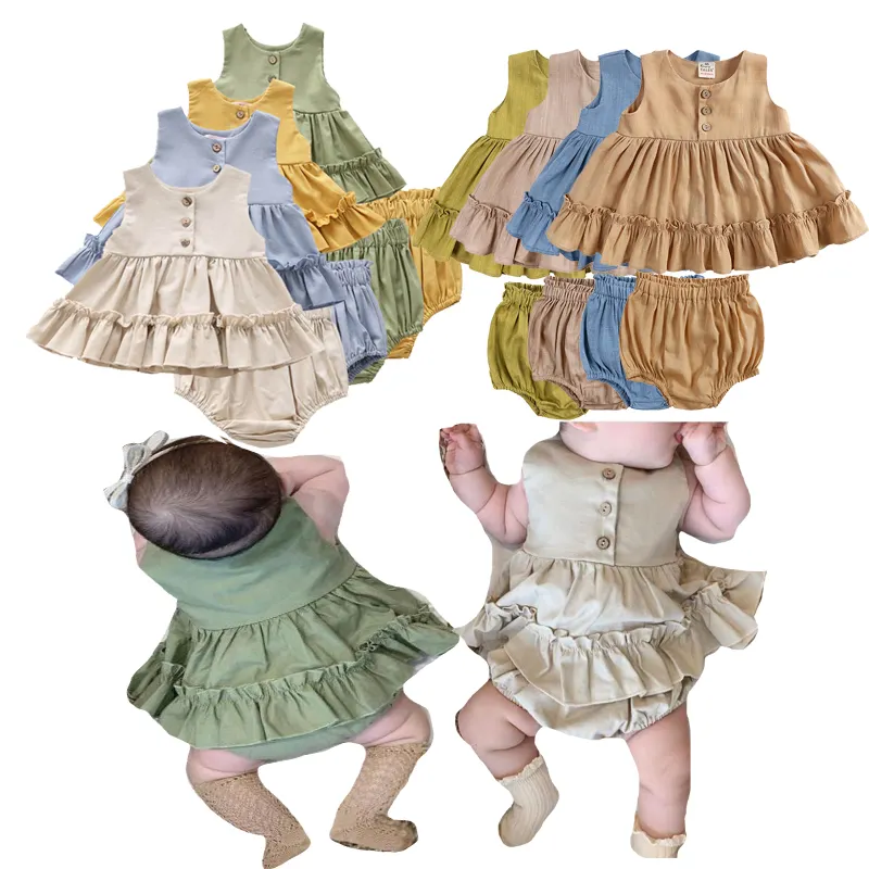 2023新しい子供夏の誕生日フラワーカジュアル幼児女の子プリンセスリネンドレスベビー服卸売子供服セット
