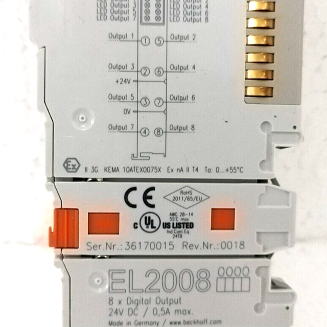 BECKHOFF EL2008 EtherCAT Terminal, 8 Channel Digital Output, 24V DC, 0.5A