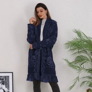 Cardigan da Donna 2025 Stile Vintage Etnico Jacquard Maglione Lungo Lavorato a <span class=keywords><strong>Maglia</strong></span> <span class=keywords><strong>con</strong></span> <span class=keywords><strong>Frange</strong></span> e Nappe per l'Autunno Logo Frontale - Product Image 4