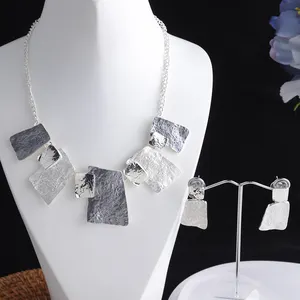 Kim Loại Wedding Bridal Stud Earring Drop Necklace Set Tuyên Bố Vuông Hợp Thời Trang Phụ Nữ Lớn Bridal Trang Phục Men Bộ Trang Sức