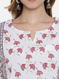 Ensemble Kurti pour femme en coton à imprimé floral fait main, avec bordure contrastante, manches trois quarts, coupe classique, robe de soirée - Product Image 2
