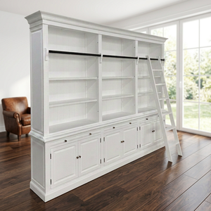 White Traditional Wood Bookcase with Cubby <b>Shelves</b> and Storage Doors for Living Room Home Furniture from Indonesia - Product Image 1