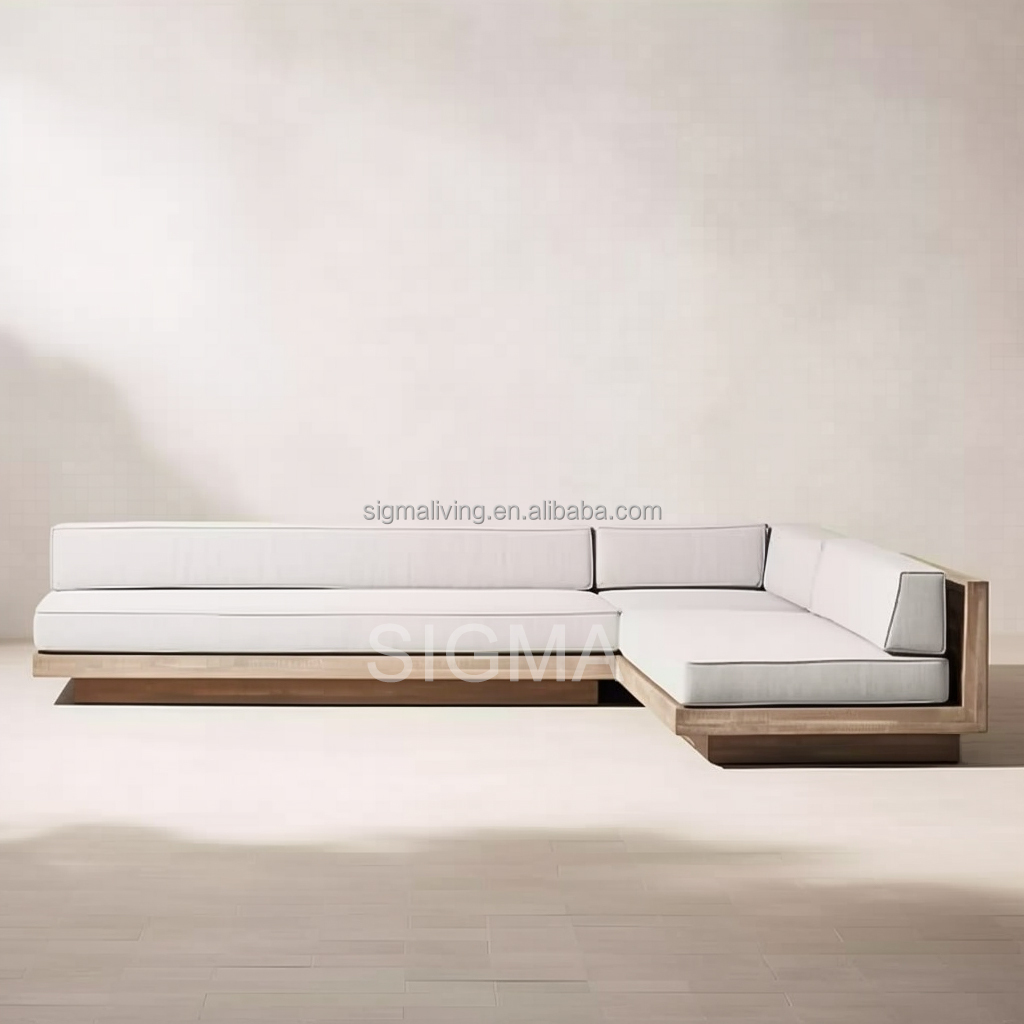 Luxury Outdoor Water-resistant L Shape Restaurant Furniture Garden Wood Frame Patio Sofa Set Teak Wood Sofa