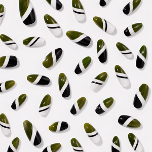 Faux ongles à presser tendance, longs, forme amande, color block, finition brillante, motif lignes <span class=keywords><strong>vert</strong></span> <span class=keywords><strong>olive</strong></span>, blanc et noir, pour usage quotidien et soirées - Product Image 6