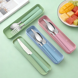 Stainless steel portable three-piece cutlery set, Western-style spoon, fork, and knife <b>storage</b> <b>box</b>, Korean-style spoon, fork, - Product Image 1