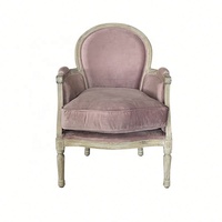 S1090 Fauteuil simple de salon en bois massif sculpté, style campagnard français rétro, avec accoudoirs en velours, amovible