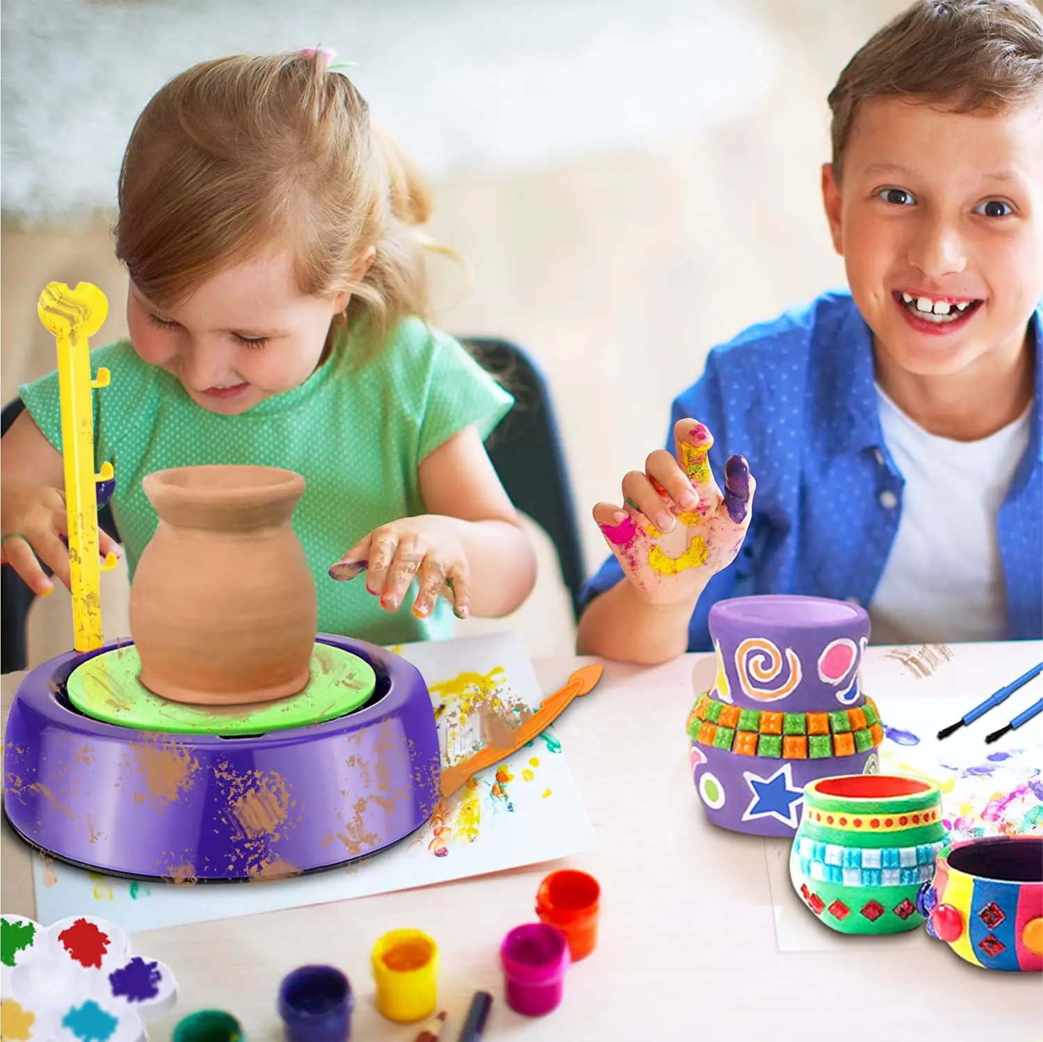 New Product Kids Toys mit 2 Clay Electric Ceramic Wheel Machine für <span class=keywords><strong>DIY</strong></span> Air Dry Sculpting Clay,Craft Paint Kit und Educational