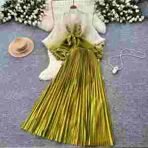 Señoras barato 2 piezas conjunto LW1398 mujer Tie-Dye gradiente cinturón arrugado Blusa plisada Midi falda conjunto de dos piezas - Product Image 3