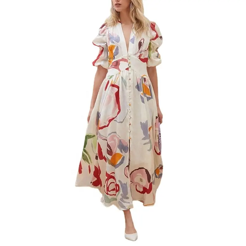 Elegant Ladies Long Sleeve V-neck Embroidered Floral Print Long Dress Summer Neck Waist Design Maxi Women's Dress