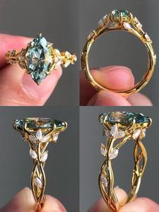 Bague de fiançailles en moissanite bleu sarcelle taille marquise, avec bande en feuille d'or, inspirée de la nature, bague de mariée unique, bague branche délicate - Product Image 2