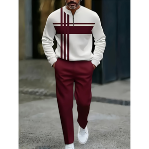 <span class=keywords><strong>Costume</strong></span> de sport décontracté pour <span class=keywords><strong>homme</strong></span>, automne 2025, nouveau style minimaliste, rayures rouge rose, motif d'assemblage, avec un élégant col zippé mi-long - Product Image 1