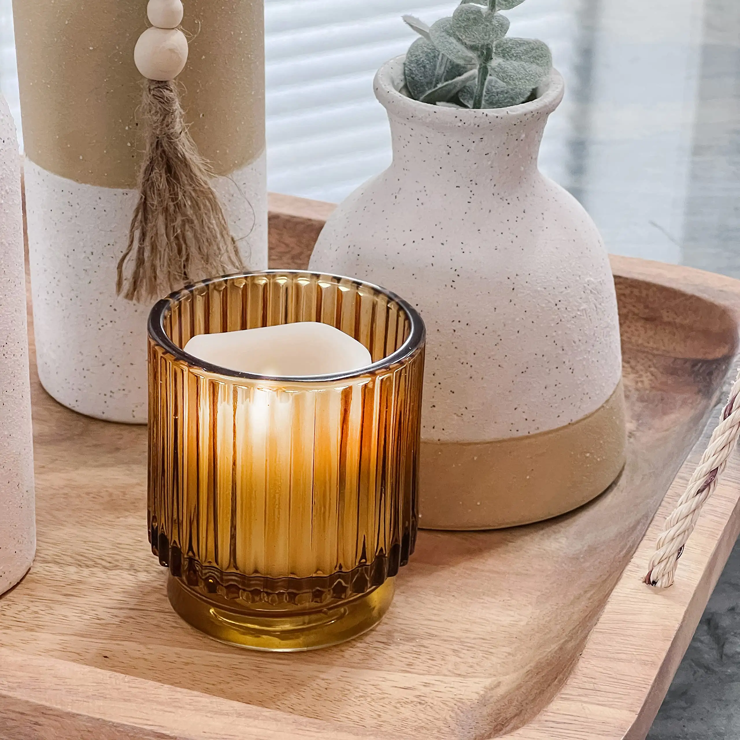 Portacandele moderno in vetro a coste semplice cena romantica a lume di candela aromaterapia portacandele tealight decorazione