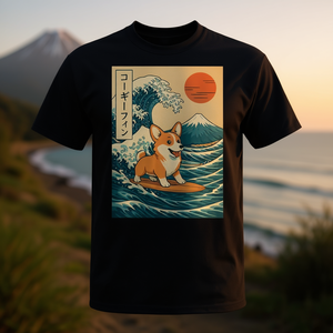 T-shirt Corgi Surfing Japanese Wave unisex per adulti taglia SML XL XXL girocollo manica corta stampa digitale - Product Image 2