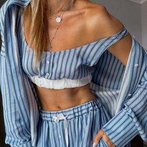 Oferta de Otoño: Conjunto de Tres Piezas de Lino a Rayas para Otoño, Camisa Informal y Modesta, Top Corto Deportivo y Pantalones de Cintura Alta - Product Image 3