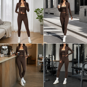 Ensemble <span class=keywords><strong>de</strong></span> yoga 3 pièces pour femmes : <span class=keywords><strong>veste</strong></span> zippée, soutien-gorge <span class=keywords><strong>de</strong></span> sport, leggings taille haute, tenue <span class=keywords><strong>de</strong></span> sport, vêtements <span class=keywords><strong>de</strong></span> fitness - Product Image 3