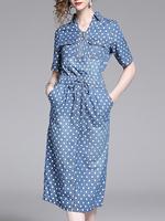 2019 nouveau modèle col rabattu manches courtes imprimé à pois robe Midi Demin pour les femmes