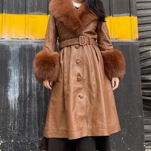 QIUCHEN-abrigo de cuero QC21123 para mujer, gabardina larga de lujo con piel de zorro grande - Product Image 3