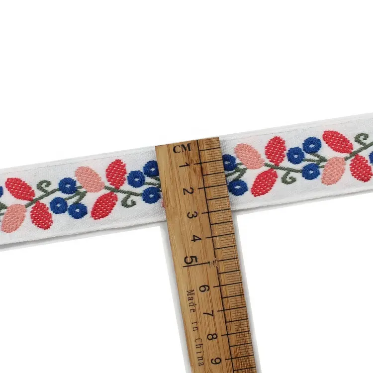 Fabricante de fitas bordadas étnicas para roupas, desenho de flores em poliéster branco personalizadas com acabamento em jacquard de 3 cm