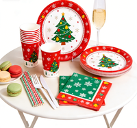 Ensemble de vaisselle jetable sur le thème de Noël, décoration de fête de fin d'année, fournitures de décoration de fête colorées, assiettes en papier, gobelets, serviettes de fête